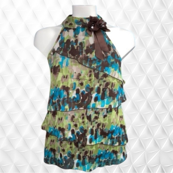IZ Byer Women’s Medium Sleeveless Flowy Layered Feminine Aqua Brown Green Blouse - Picture 2 of 6